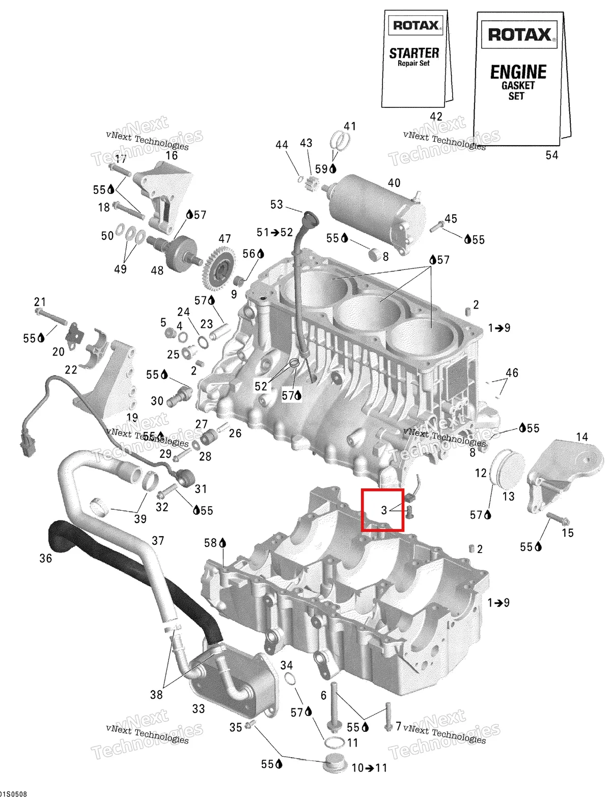 Деталь 420956775 на схеме узла 2005 Sea-Doo GTX 4-TEC, LTD SCIC Engine Block