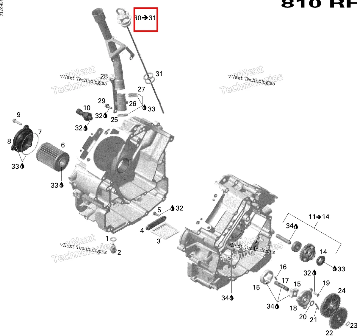 Деталь 420956935 (Деталь Oil Level Gauge. Includes 30 To 31) на схеме узла 2007 Ski-Doo Expedition Sport V-800 Engine Lubrication