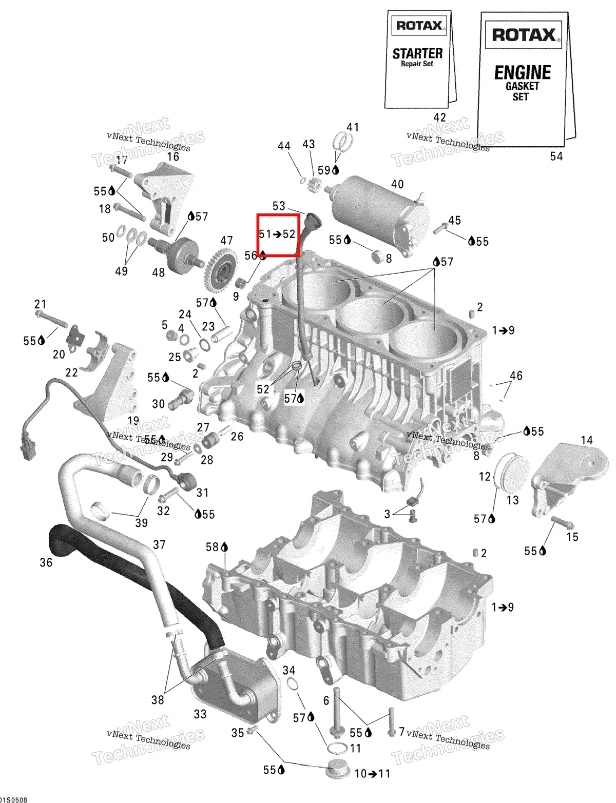 Деталь 420956943 на схеме узла 2005 Sea-Doo GTX 4-TEC, LTD SCIC Engine Block