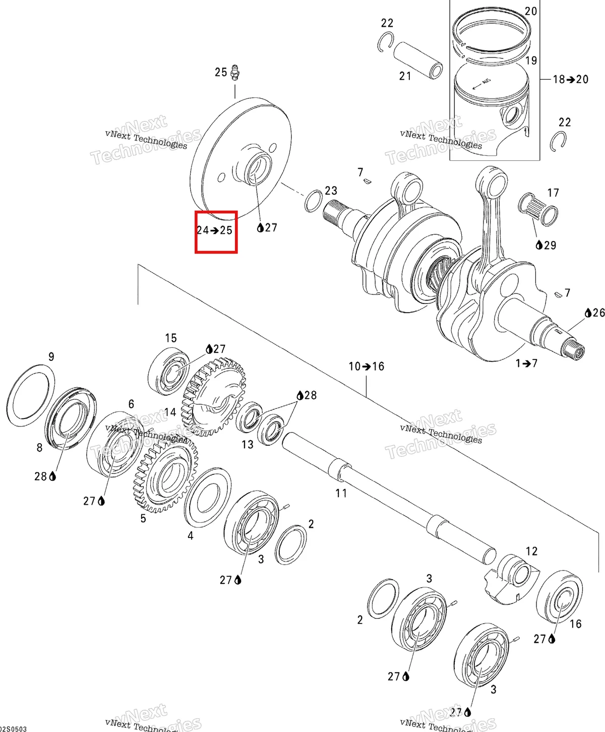 Деталь 420958142 на схеме узла 2005 Sea-Doo GTI LE RFI Crankshaft, Pistons And Balance Shaft