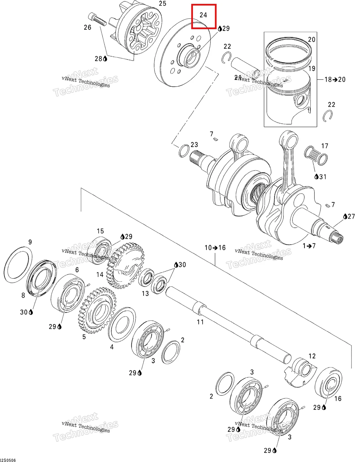 Деталь 420958145 на схеме узла 2005 Sea-Doo 3D RFI Crankshaft, Pistons And Balance Shaft