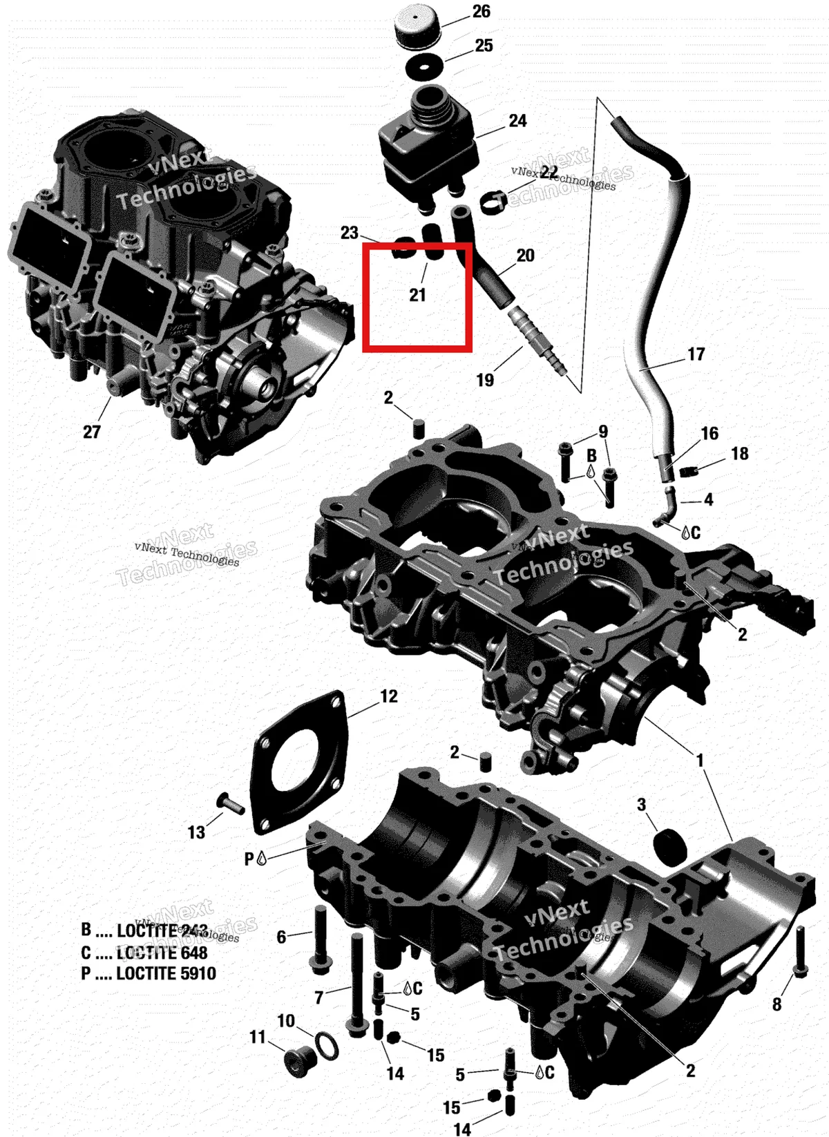 Деталь 420960279 (Крышка) на схеме узла 2019 Ski-Doo MXZ 600 RACING Crankcase - 598 Rs