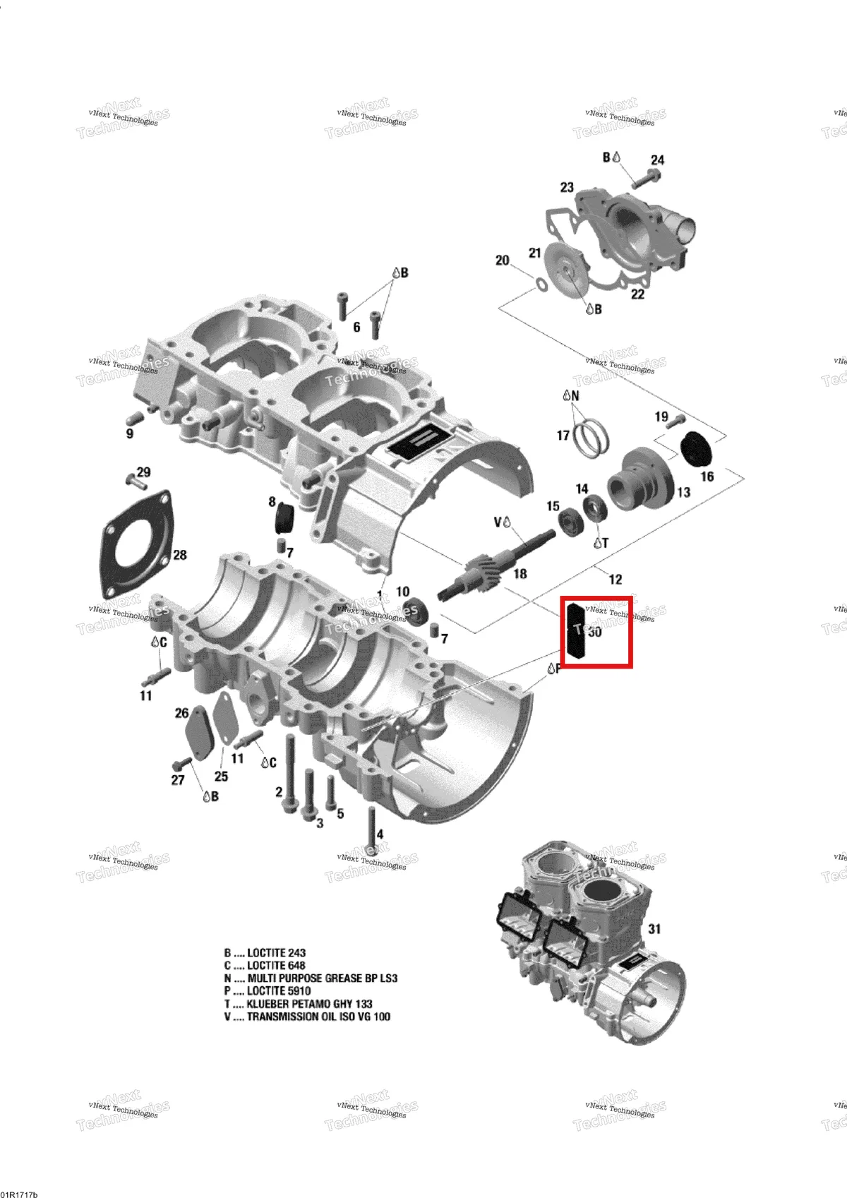 Деталь 420960925 (Резиновые стопоры) на схеме узла 2017 Ski-Doo SKANDIC - 2-STROKE - WT-SWT Crankcase And Water Pump - 600Ho E-Tec