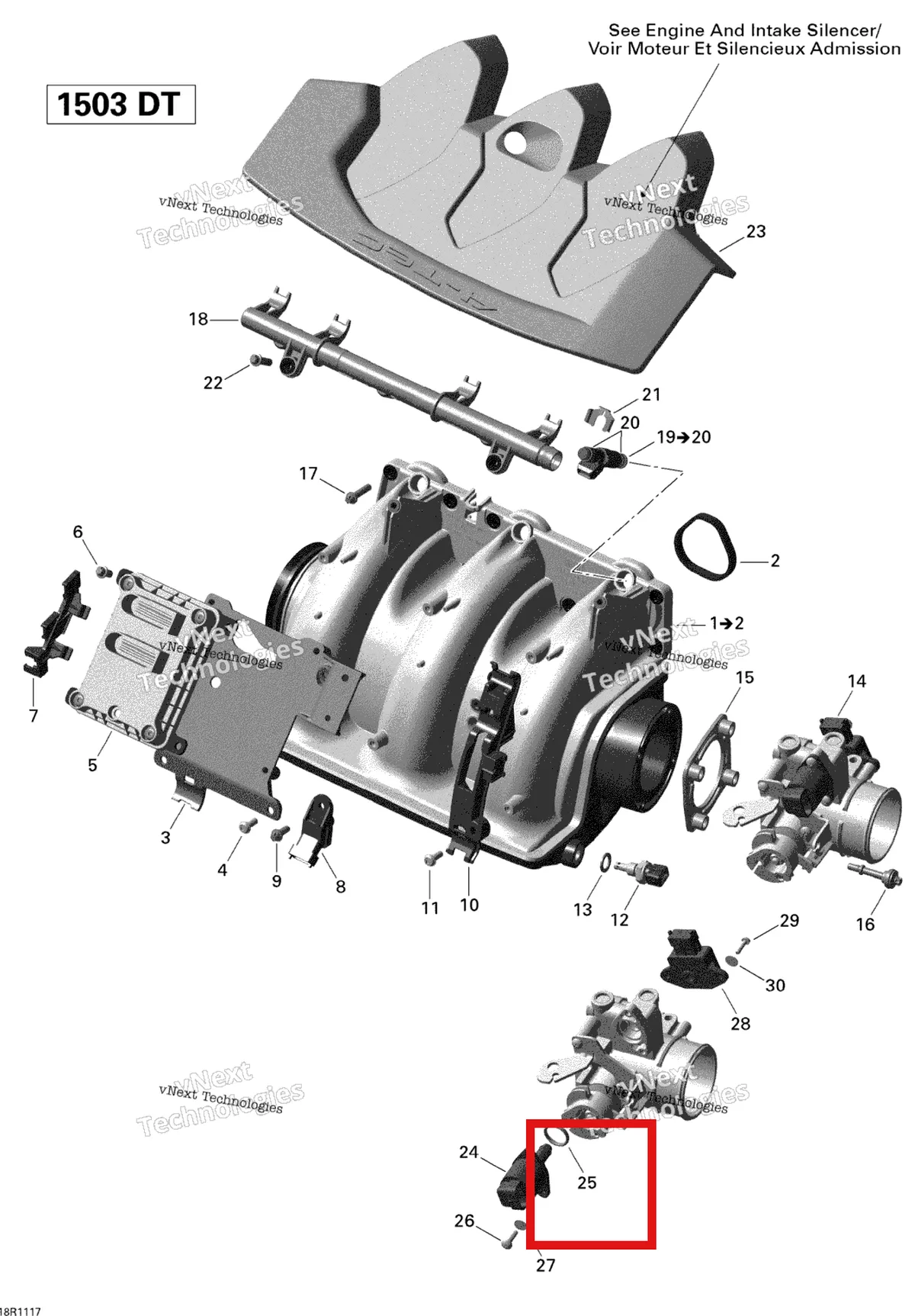 Деталь 420963051 на схеме узла 2011 Sea-Doo GTS Pro 130 Air Intake Manifold And Throttle Body