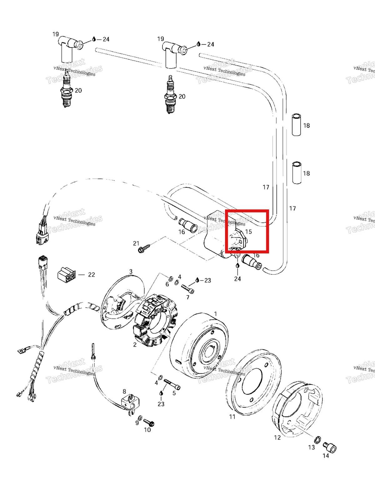 Деталь 420965756 (Деталь Electronic Box Assy. Includes Items 15 Thru 19) на схеме узла 1997 Ski-Doo Formula S Magneto
