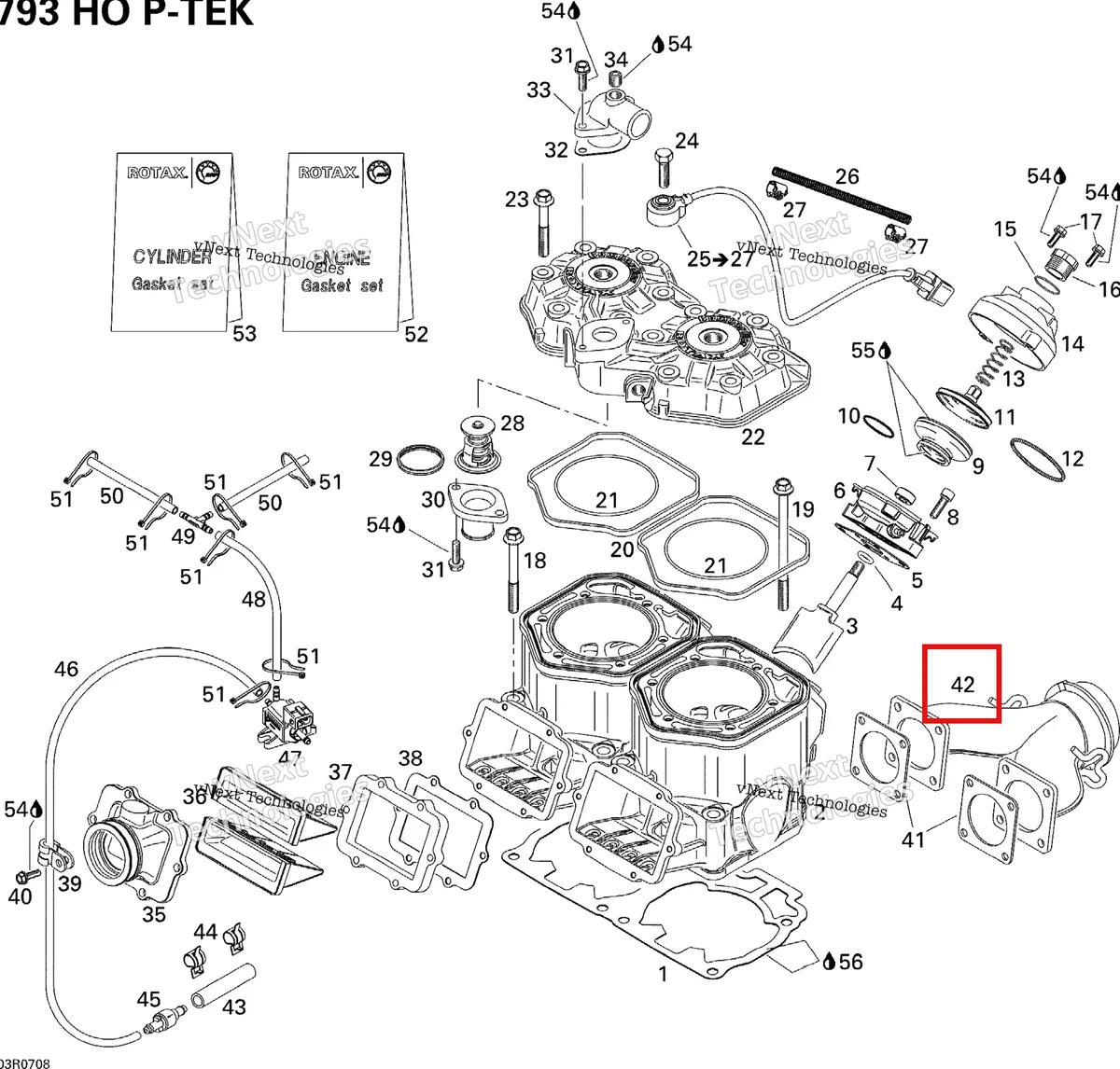 Деталь 420973713 (Выпускной Коллектор) на схеме узла 2007 Ski-Doo MX Z XRS 800 HO PTEK Cylinder, Exhaust Manifold And Reed Valve