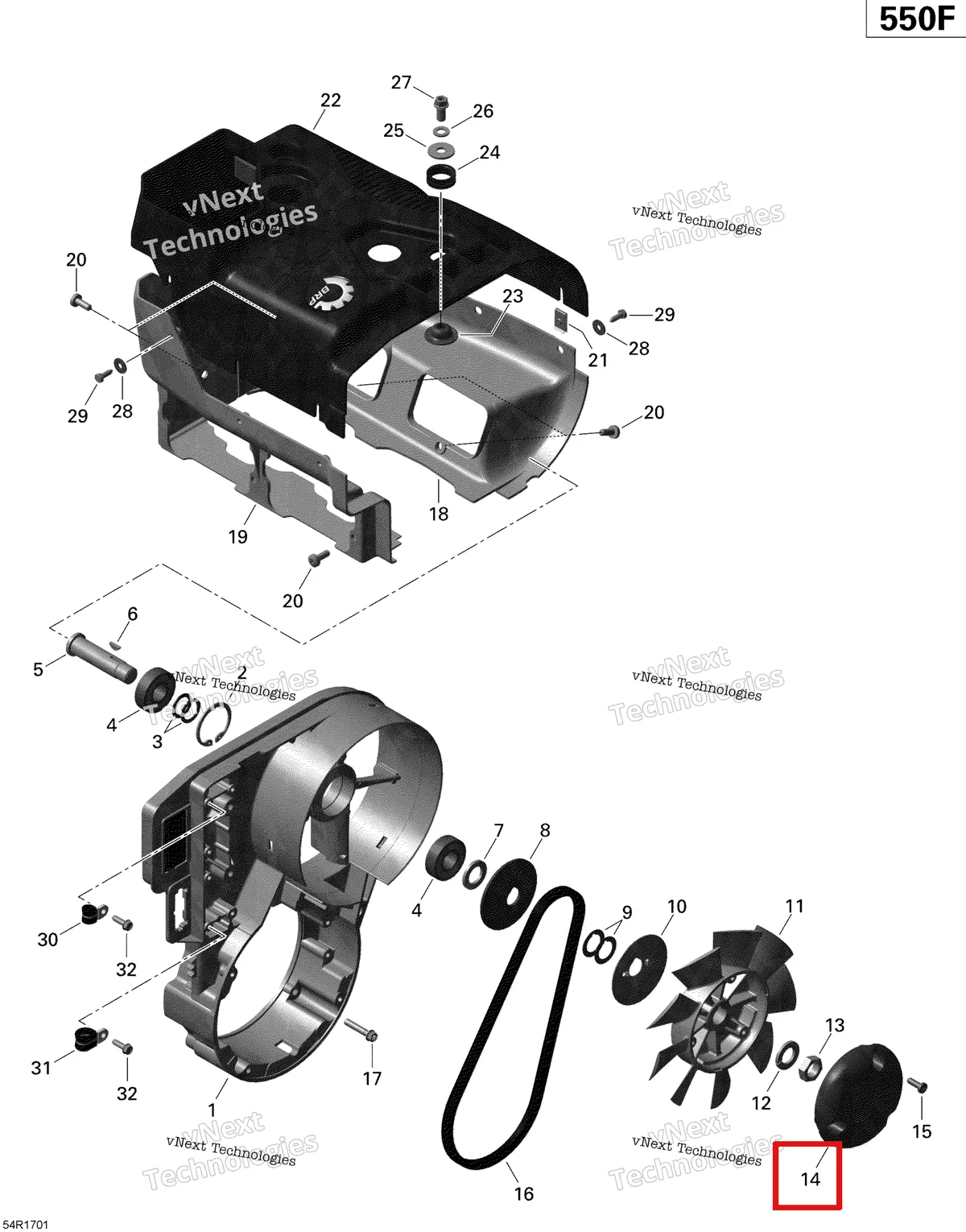 Деталь 420975900 (Крышка Вентилятора) на схеме узла 2020 Ski-Doo EXPEDITION SPORT 550F Engine - Fan And Cylinder Cowls - 550F