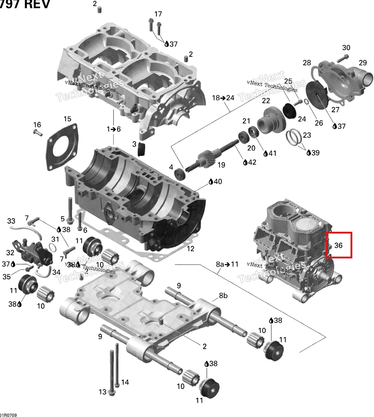 Деталь 421000645 на схеме узла 2007 Ski-Doo Summit X Crankcase, Water Pump And Oil Pump