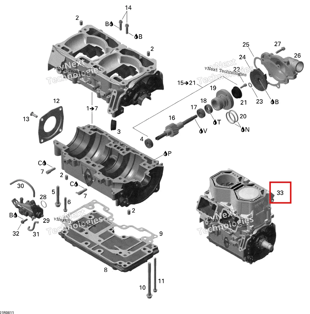 Деталь 421000650 на схеме узла 2008 Ski-Doo MX Z X 800R Crankcase, Water Pump And Oil Pump