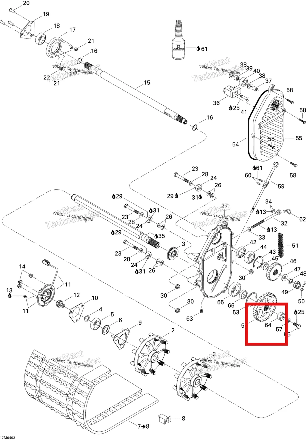 Деталь 501022400 (Проставка) на схеме узла 2004 Ski-Doo Skandic 550F Drive System Skandic 550F