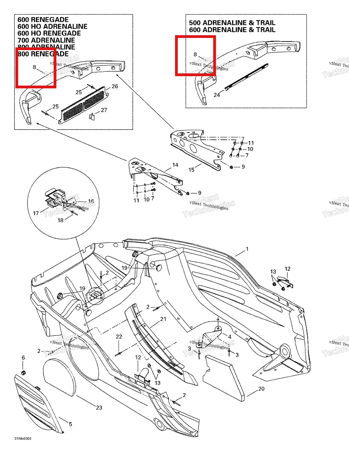Деталь 502006535 (Деталь Front Bunper, Yellow) на схеме узла 2003 Ski-Doo MX Z 500/600/600 HO/700/800 Bottom Pan