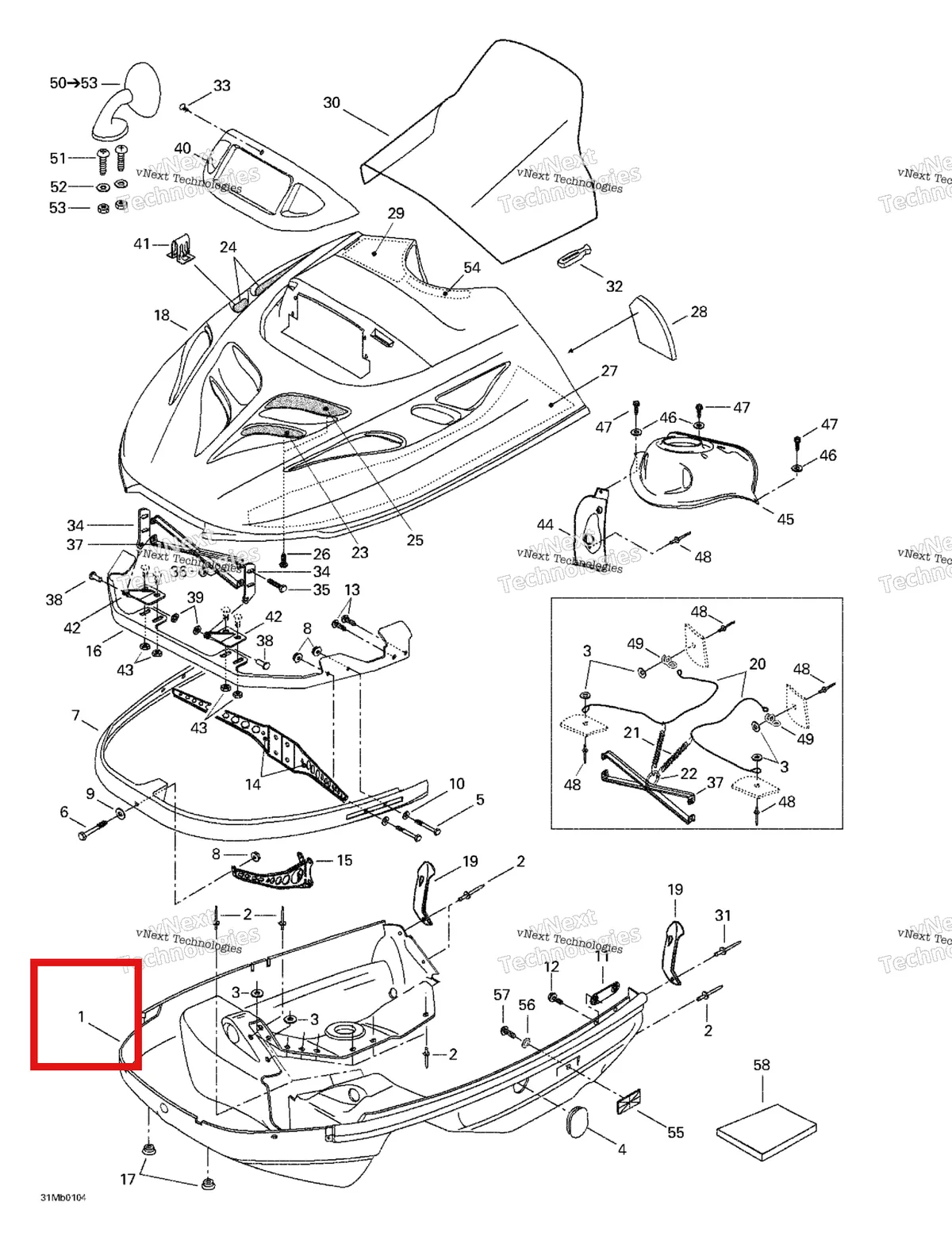 Деталь 502006572 (Деталь Bottom Pan) на схеме узла 2001 Ski-Doo Formula Deluxe 380 F Cab, Console
