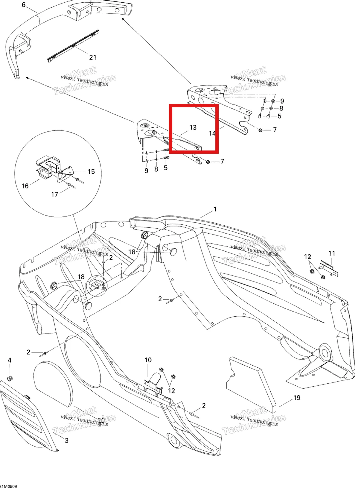 Деталь 502006597 (Поддержка) на схеме узла 2005 Ski-Doo Legend V-1000 Bottom Pan