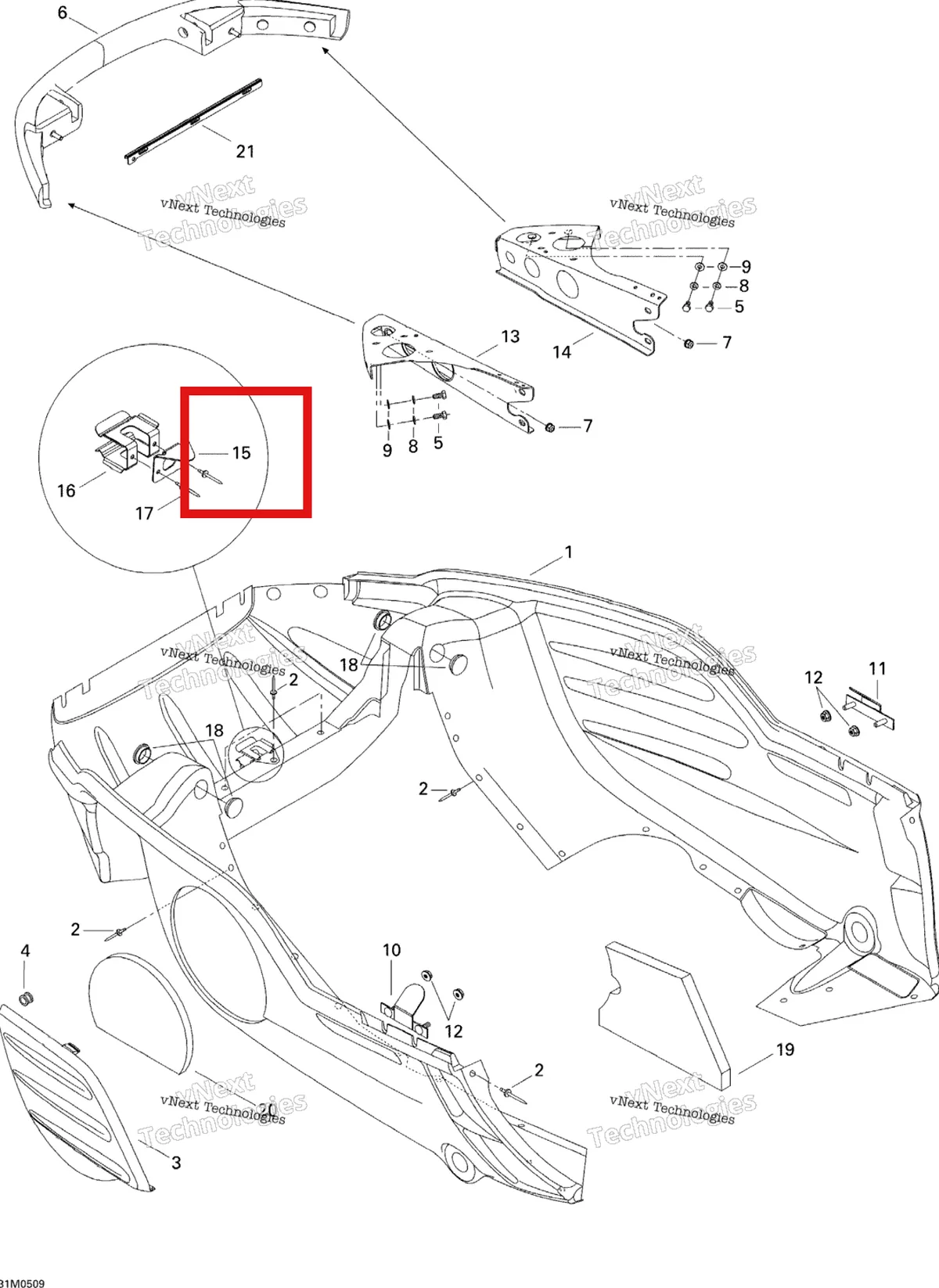 Деталь 502006599 (Деталь Belt Support) на схеме узла 2005 Ski-Doo Legend V-1000 Bottom Pan