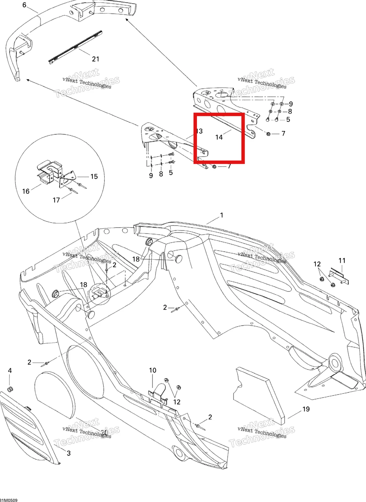 Деталь 502006602 (Деталь L.h. Support) на схеме узла 2005 Ski-Doo Legend V-1000 Bottom Pan
