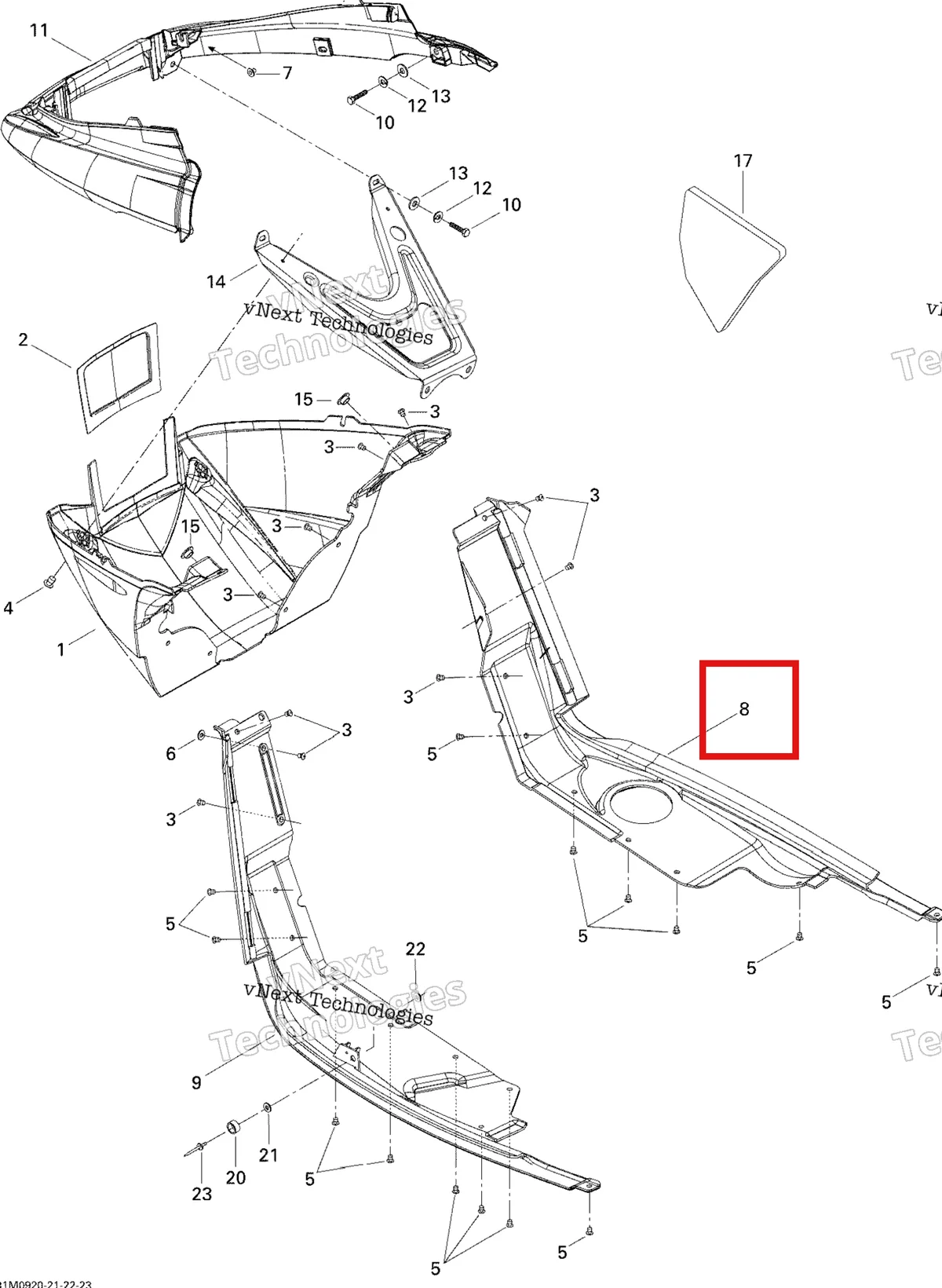 Деталь 502006702 (Деталь R.h. Bottom Pan) на схеме узла 2009 Ski-Doo GSX Fan Bottom Pan