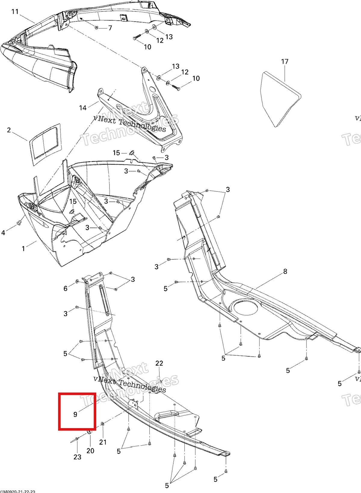 Деталь 502006703 (Деталь L.h. Bottom Pan) на схеме узла 2009 Ski-Doo GSX Fan Bottom Pan