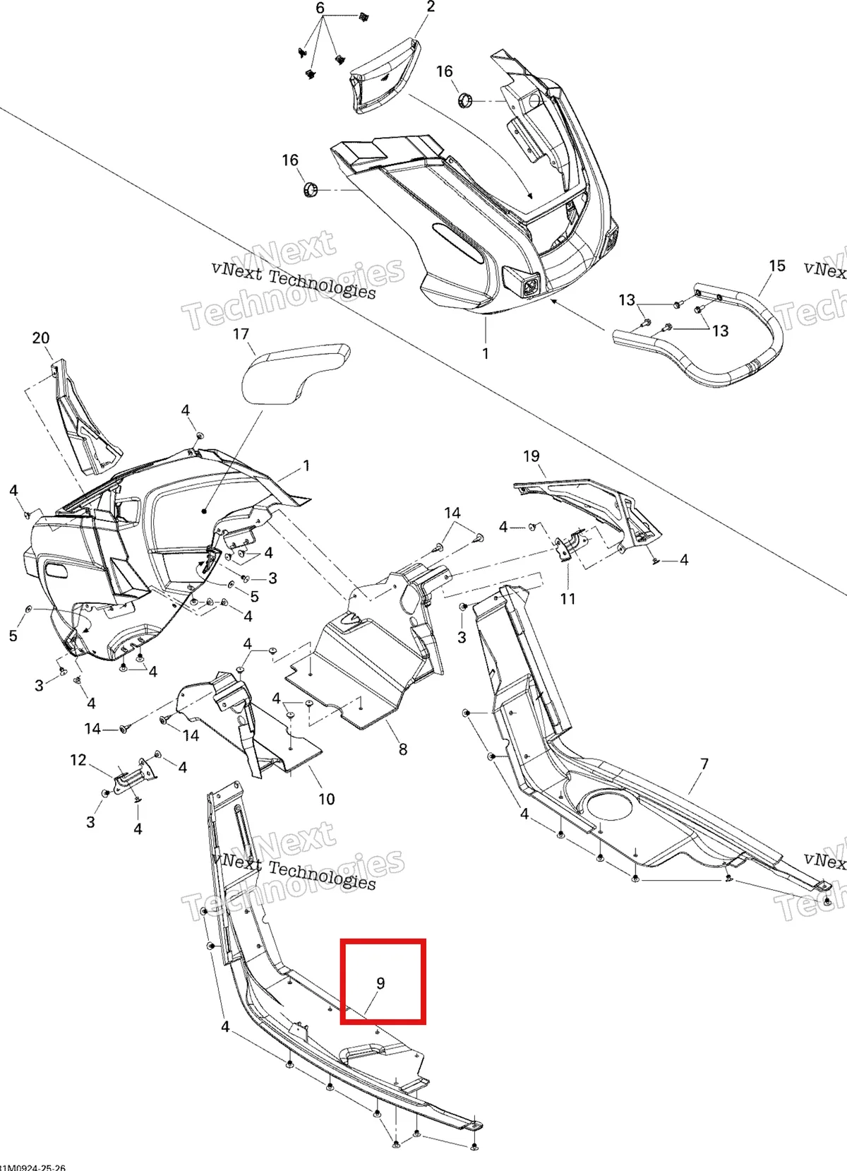 Деталь 502006788 (Левый Нижний Поддон) на схеме узла 2009 Ski-Doo Skandic Tundra LT 550F Bottom Pan