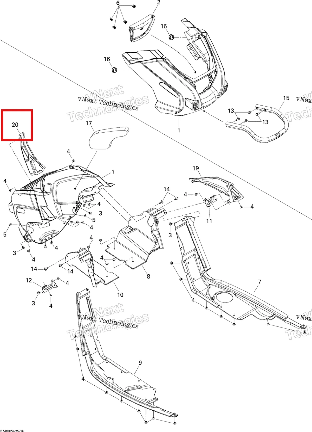 Деталь 502006791 (Деталь Lh Botton Pan Grill) на схеме узла 2009 Ski-Doo Skandic Tundra LT 550F Bottom Pan