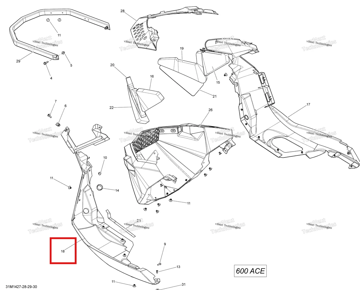 Деталь 502006832 (Левый Нижний Поддон) на схеме узла 2014 Ski-Doo RENEGADE SPORT 600ACE XP Bottom Pan