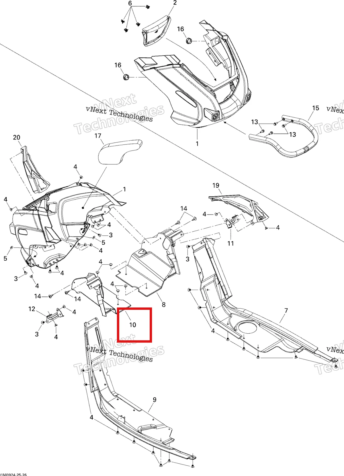 Деталь 502006851 (Левая Сторона Нижнего Поддона) на схеме узла 2009 Ski-Doo Skandic Tundra LT 550F Bottom Pan