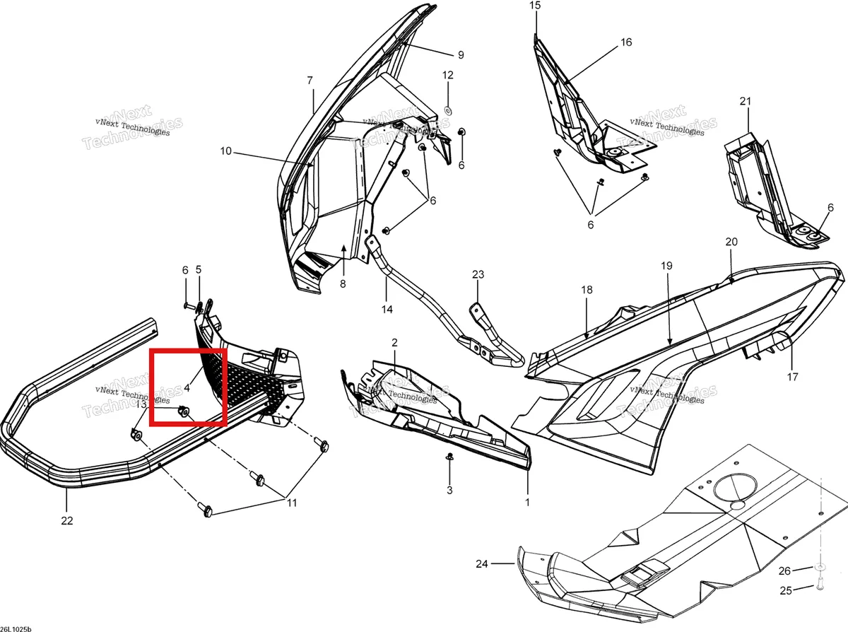 Деталь 502006913 (Передняя решетка) на схеме узла 2010 Ski-Doo Expedition TUV SE 1200 REV-XU Bottom Pan Se