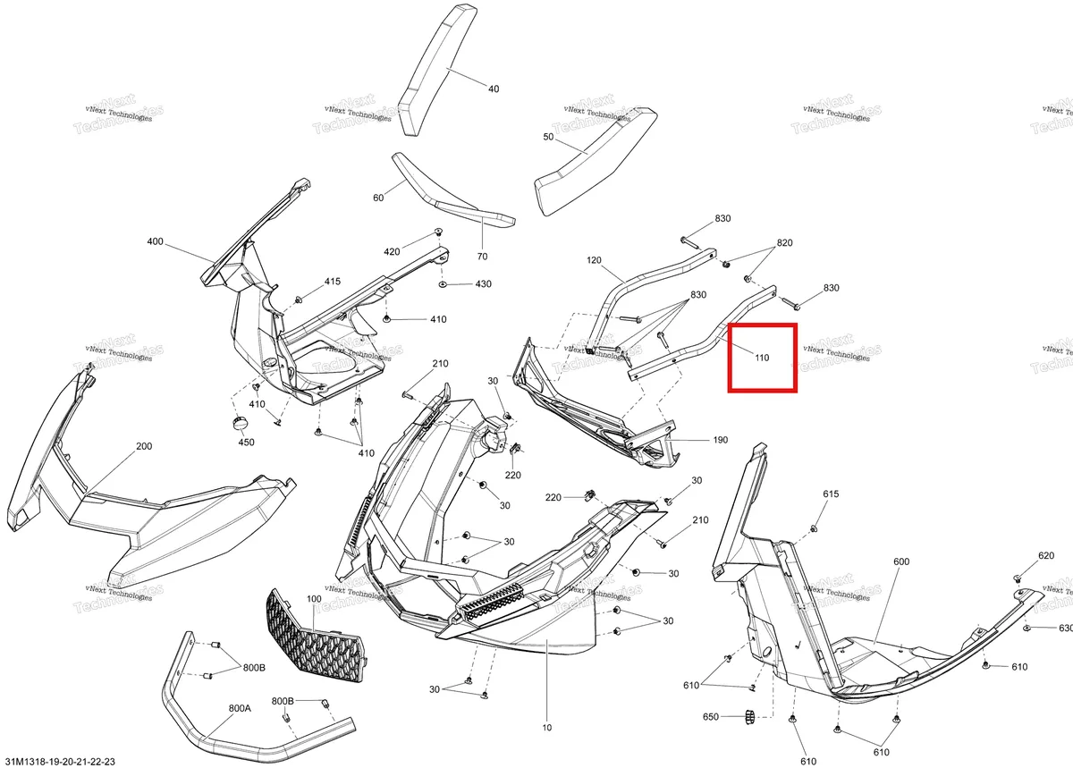 Деталь 502006925 на схеме узла 2013 Ski-Doo RENEGADE X & ADRENALINE 1200 XR Bottom Pan