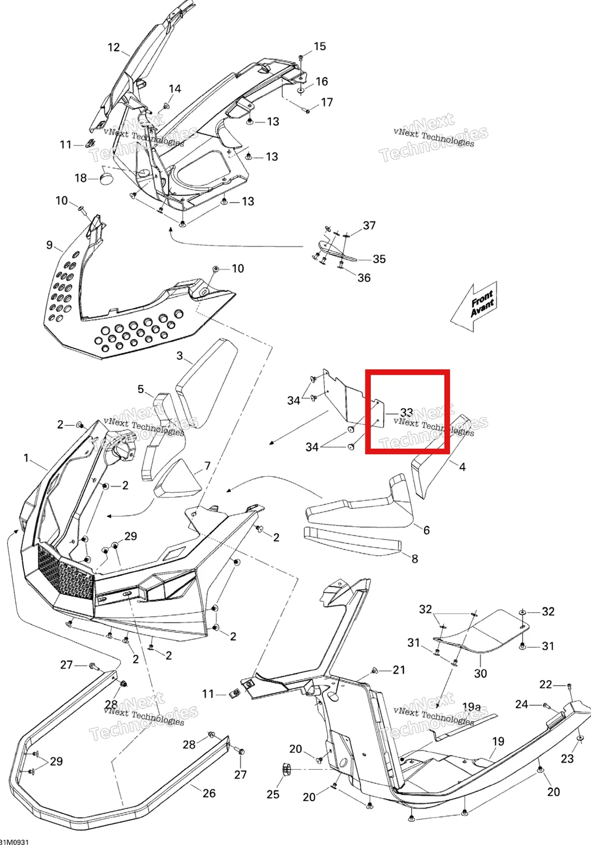 Деталь 502006933 (Деталь Pan Bottom Plate) на схеме узла 2009 Ski-Doo MX Z X 600RS Bottom Pan