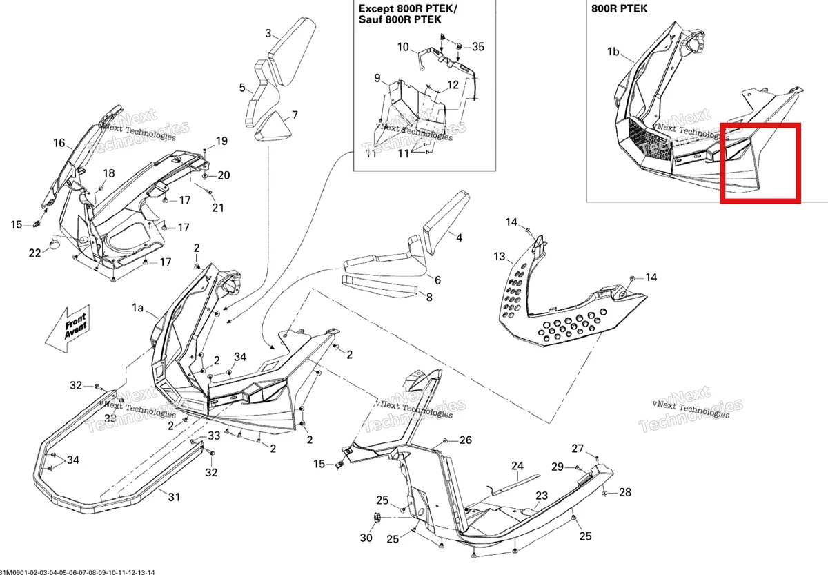 Деталь 502006942 (Передняя решетка) на схеме узла 2009 Ski-Doo GSX Limited 600 H.O. E-TEC Bottom Pan