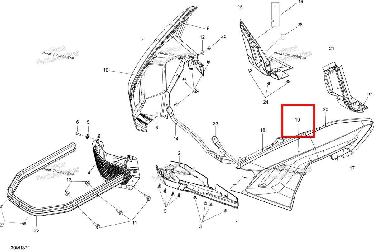 Деталь 502007004 (Изолятор) на схеме узла 2013 Ski-Doo EXPEDITION LE 1200 XU Bottom Pan