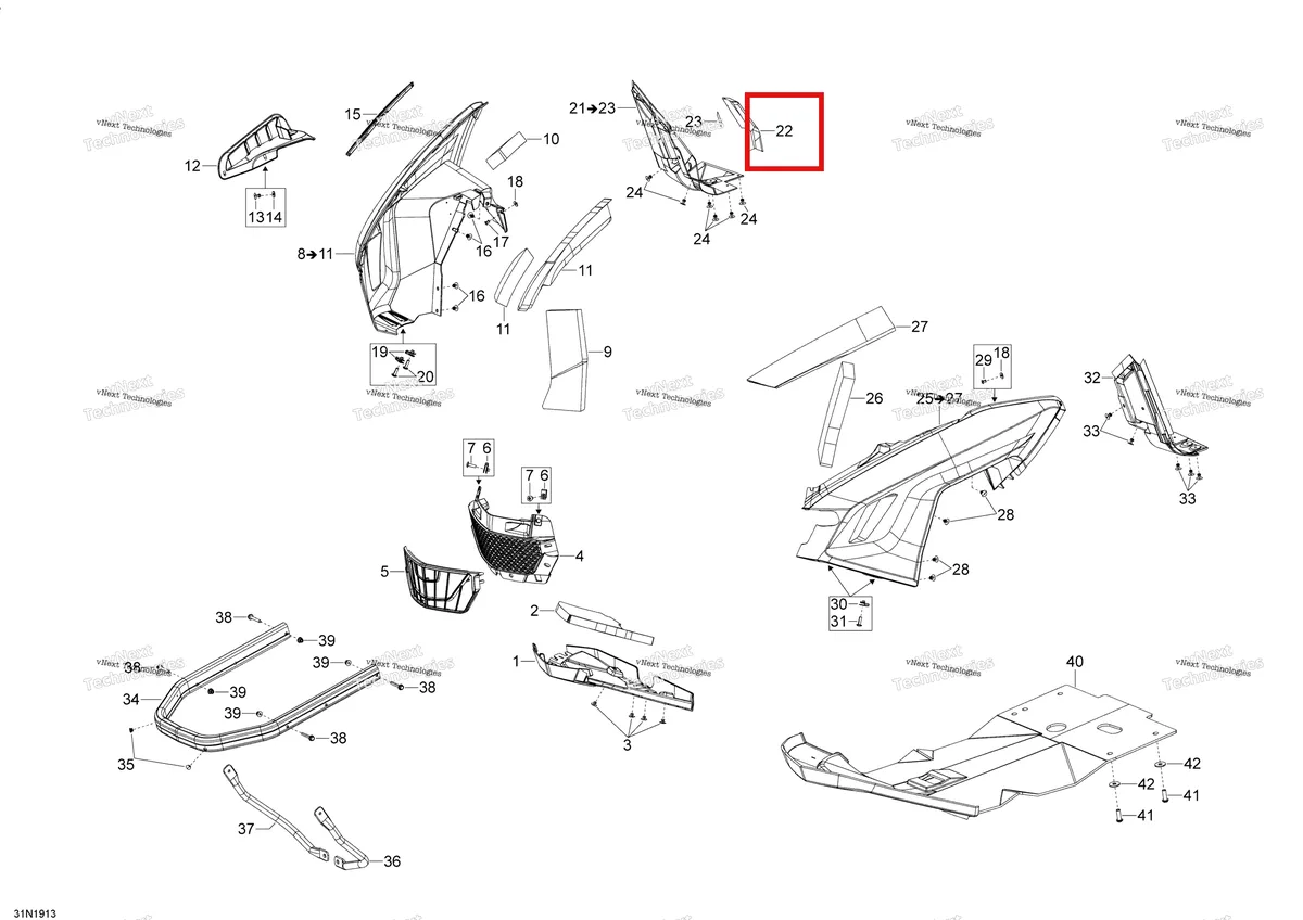 Деталь 502007038 (Фольга аллюминевая) на схеме узла 2020 Ski-Doo EXPEDITION SWT 900 ACE Body - Bottom Pan