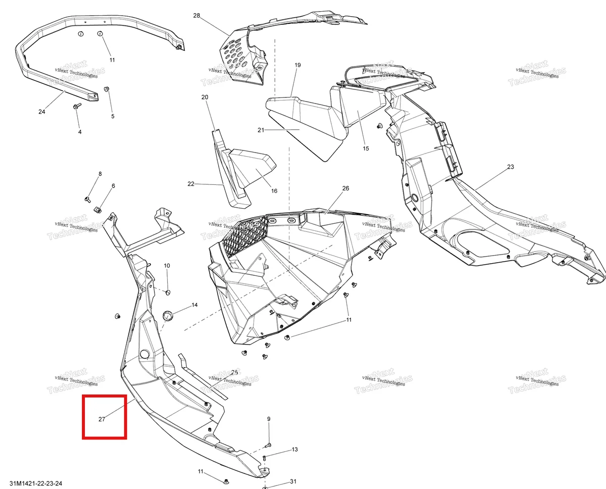 Деталь 502007051 (Левый Нижний Поддон) на схеме узла 2014 Ski-Doo RENEGADE SPORT 550F XP Bottom Pan