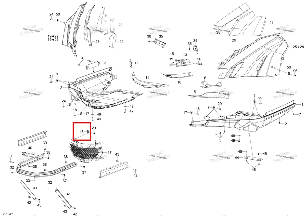 Деталь 502007140 (Передняя решетка) на схеме узла 2020 Ski-Doo SKANDIC WT 900 ACE Body - Bottom Pan - Wt