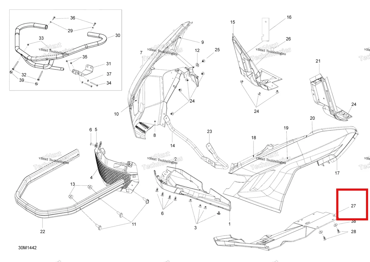Деталь 502007164 (Деталь Skid Plate Front Black Xu Aa) на схеме узла 2014 Ski-Doo EXPEDITION SE 1200 XU Bottom Pan