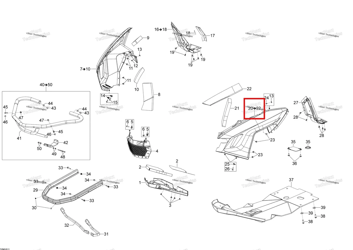 Деталь 502007196 (Деталь Bottom-pan L.h. Assy) на схеме узла 2016 Ski-Doo EXPEDITION - LE-SE 4-STROKE Bottom Pan