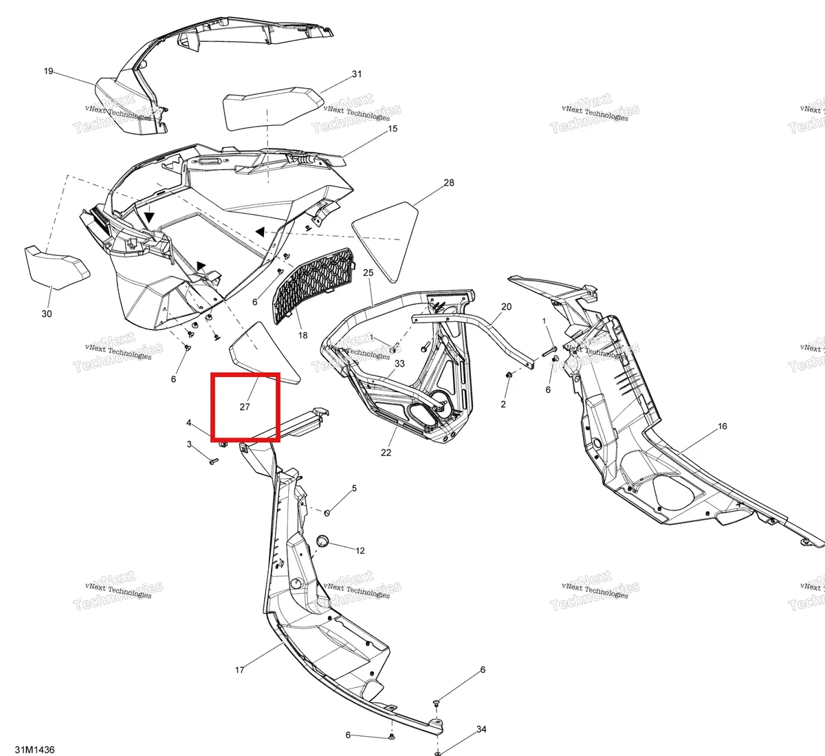 Деталь 502007223 на схеме узла 2014 Ski-Doo GRAND TOURING LE 900 ACE XR Bottom Pan