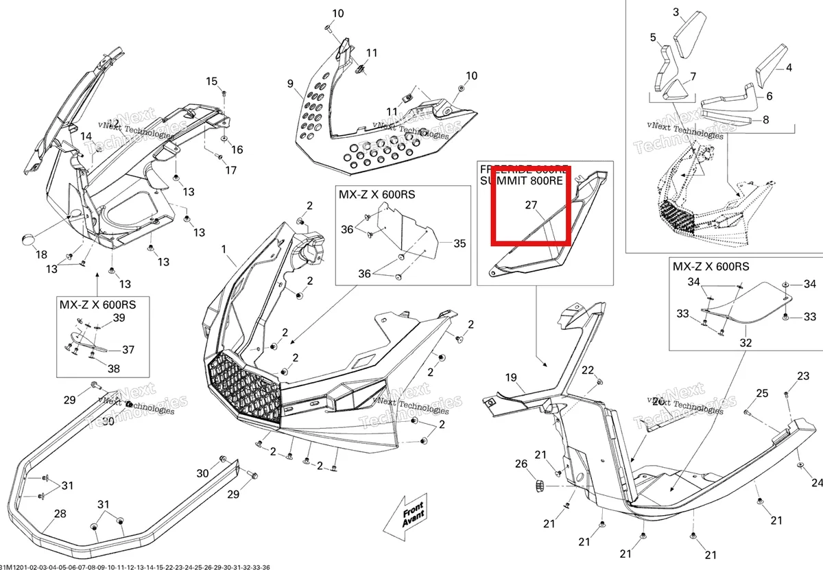 Деталь 502007251 (Деталь Cap Pan) на схеме узла 2012 Ski-Doo Summit X 800R E-TEC Bottom Pan