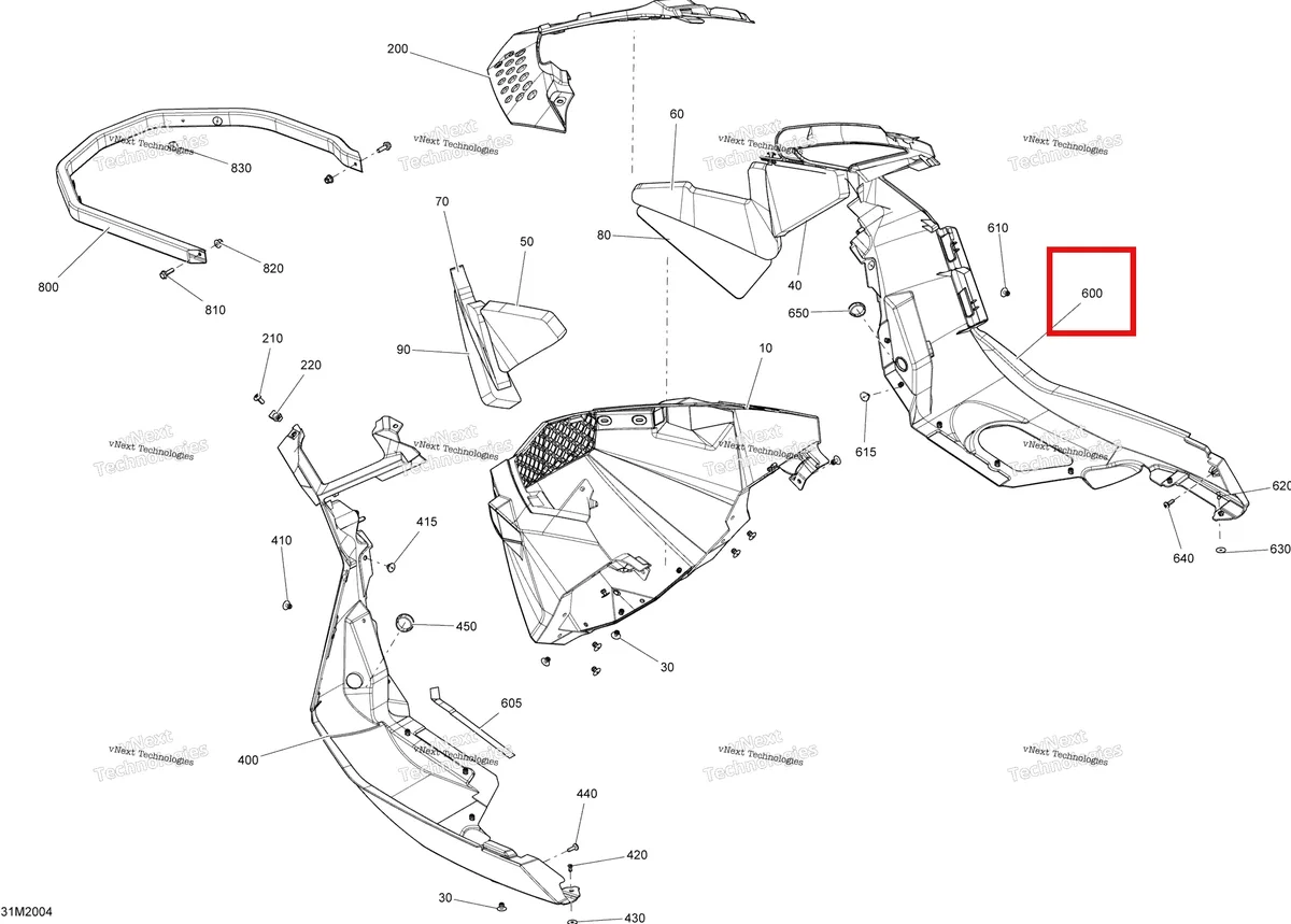 Деталь 502007252 (Левый Нижний Поддон) на схеме узла 2020 Ski-Doo SUMMIT 600 CARB Body - Bottom Pan