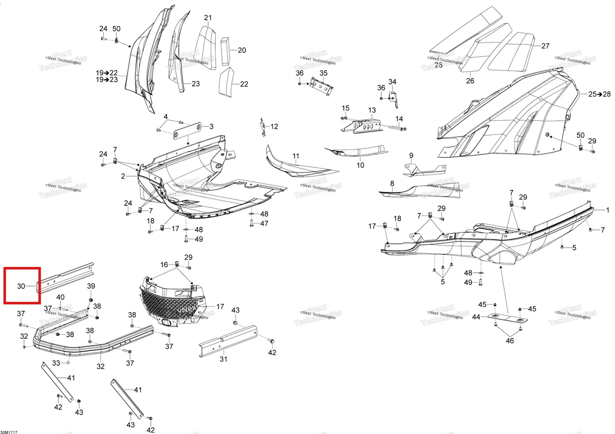 Деталь 502007379 (Деталь Rh Bumper Support) на схеме узла 2017 Ski-Doo SKANDIC - 2-STROKE - WT-SWT Bottom Pan