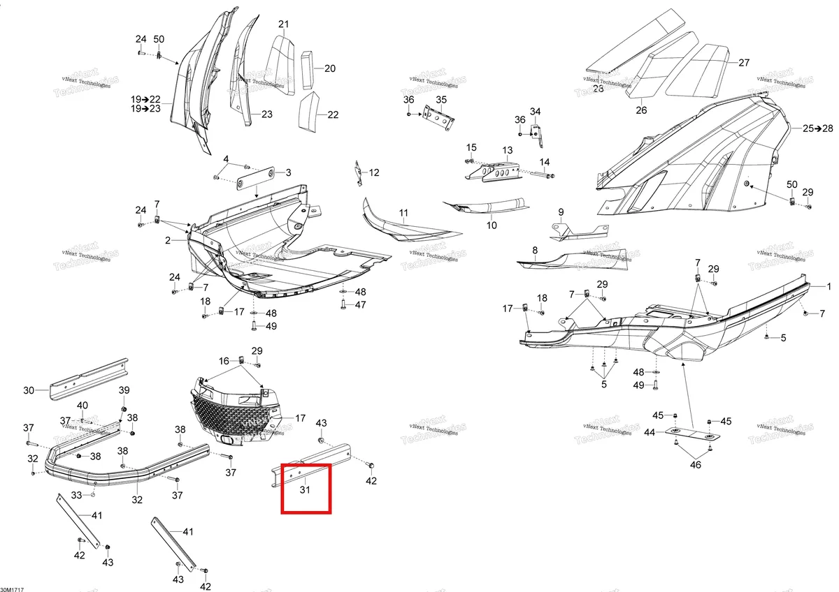 Деталь 502007380 (Деталь Lh Bumper Support) на схеме узла 2017 Ski-Doo SKANDIC - 2-STROKE - WT-SWT Bottom Pan