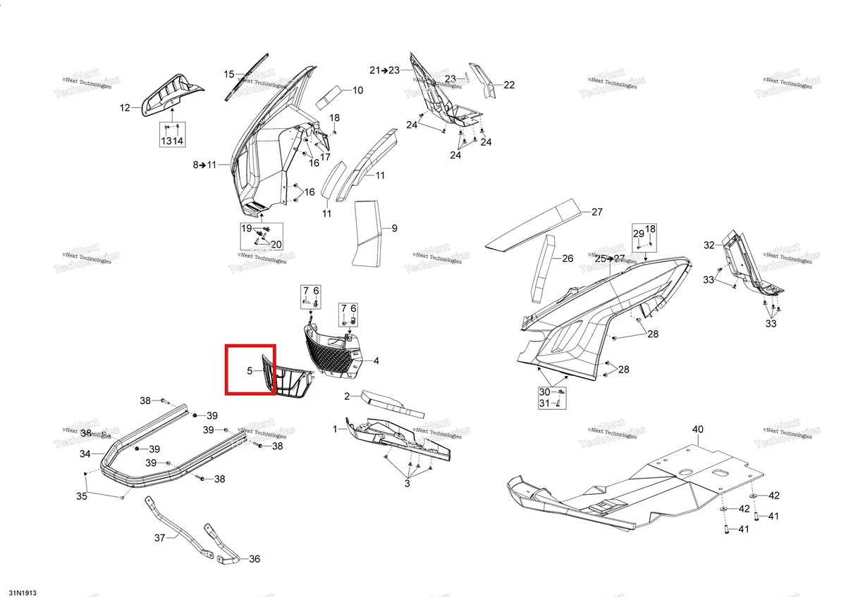Деталь 502007393 (Деталь Front Grill With Mesh. Model-800 Etec) на схеме узла 2020 Ski-Doo EXPEDITION SWT 900 ACE Body - Bottom Pan