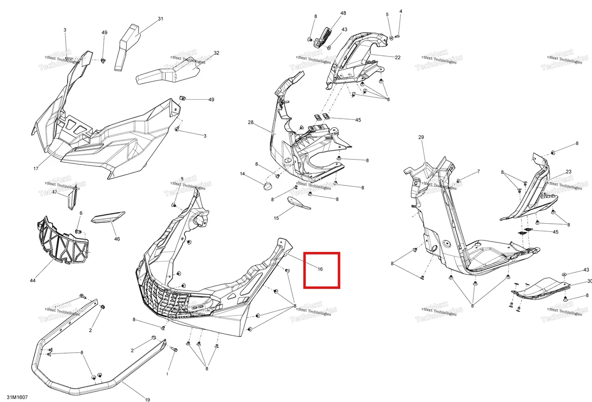 Деталь 502007404 на схеме узла 2016 Ski-Doo MXZ 600 RS Bottom Pan