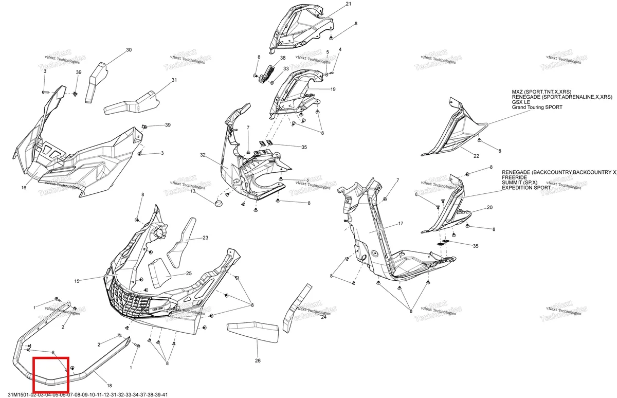 Деталь 502007408 на схеме узла 2015 Ski-Doo RENEGADE ADRENALINE 600HOETEC XS137 Bottom Pan
