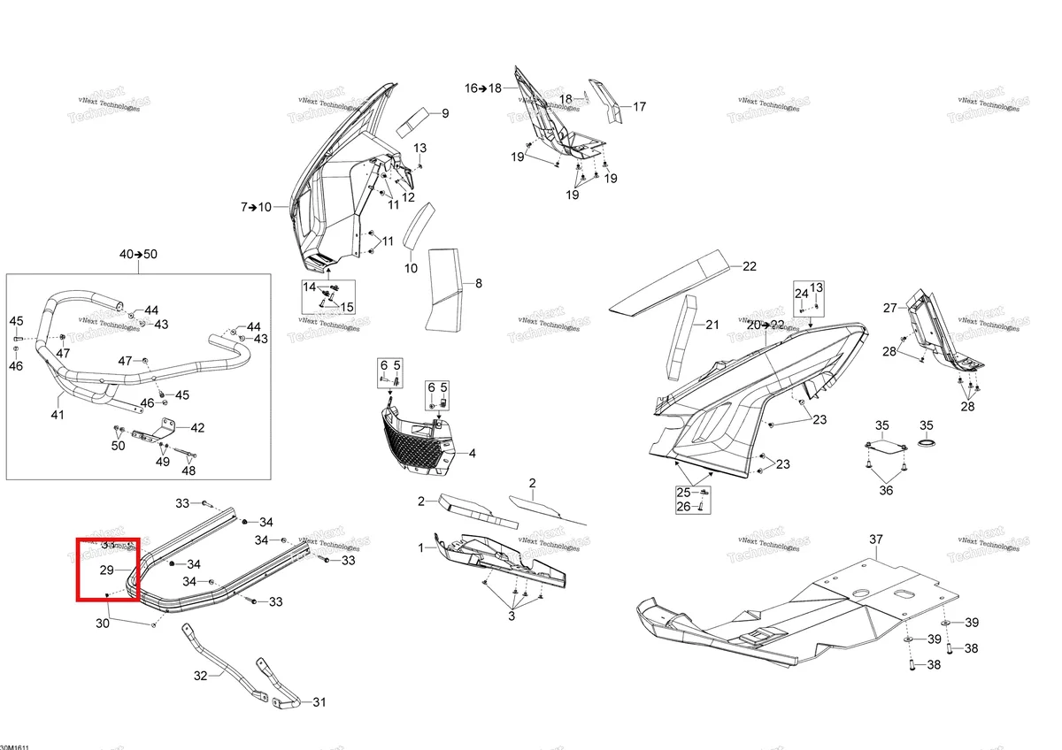 Деталь 502007470 (Деталь Clear Anod. Bumper) на схеме узла 2016 Ski-Doo EXPEDITION - LE-SE 4-STROKE Bottom Pan