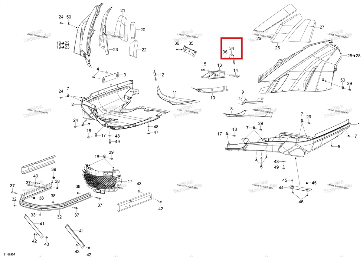Деталь 502007535 (Деталь Lh Bottom Pan Fastener) на схеме узла 2020 Ski-Doo SKANDIC WT 900 ACE Body - Bottom Pan - Wt