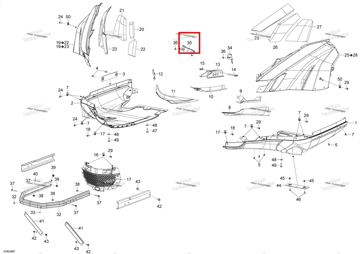 Деталь 502007536 (Деталь Rh Bottom Pan Fastener) на схеме узла 2020 Ski-Doo SKANDIC WT 900 ACE Body - Bottom Pan - Wt