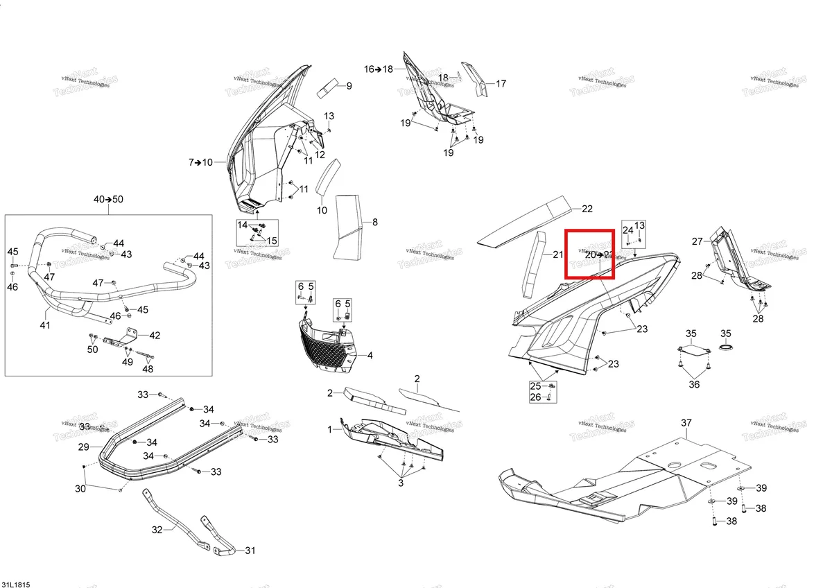 Деталь 502007667 (Деталь Black Lh Bottom Pan Ass´y. Includes 25 To 27) на схеме узла 2018 Ski-Doo EXPEDITION SWT 900 ACE Bottom Pan Expedition - 900 Ace