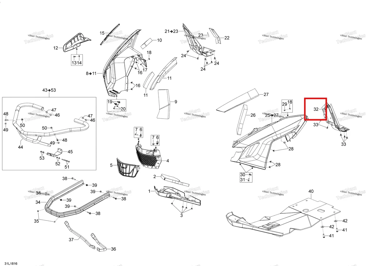 Деталь 502007827 на схеме узла 2018 Ski-Doo EXPEDITION XTREME 800R E-TEC Bottom Pan Expedition - 800R E-Tec