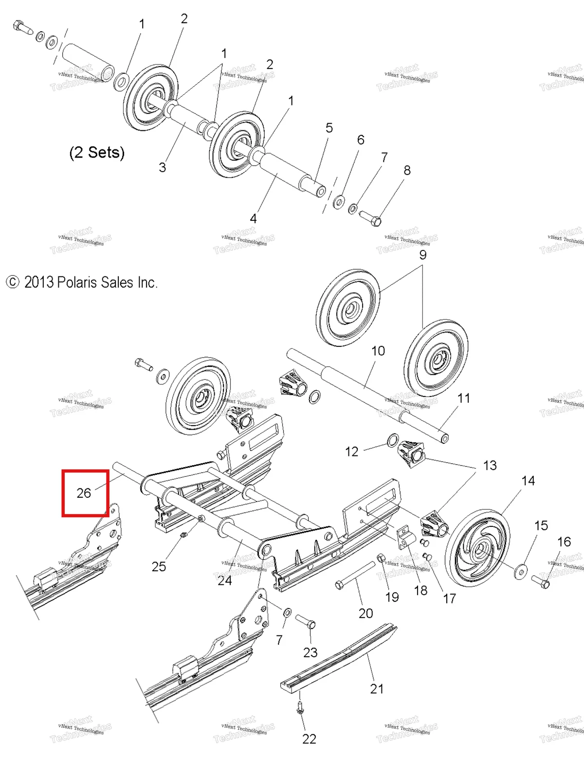 Деталь 5020725 (Вал PIVOT рычаг Polaris Widetrak LX (2006) (5020725)) на схеме узла Suspension Extension