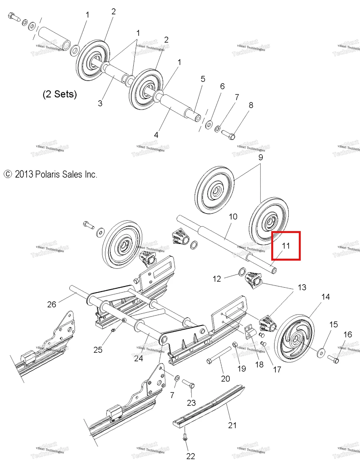 Деталь 5020879 (Вал натяжной ролик Polaris Widetrak LX (2006) (5020879)) на схеме узла Suspension Extension